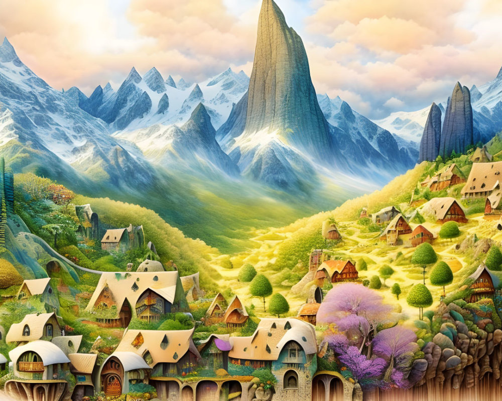 Fantasy landscape with villages, colorful flora, hills, and snowy peaks