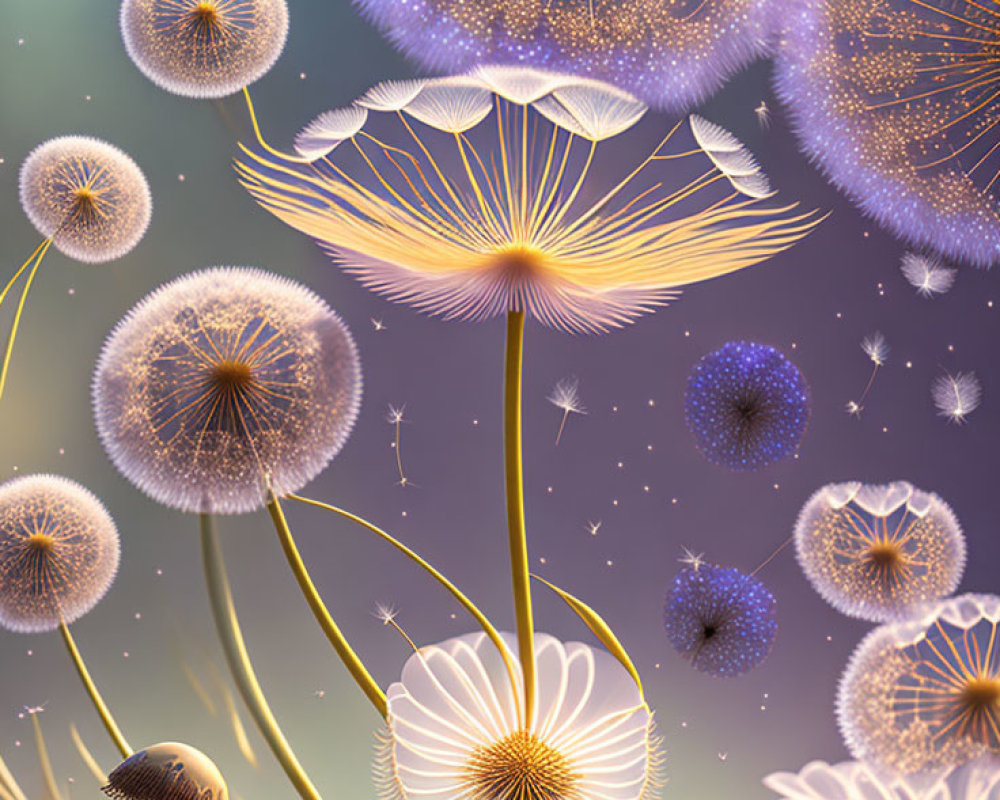 Illustration of glowing dandelion seeds dispersing in pastel backdrop