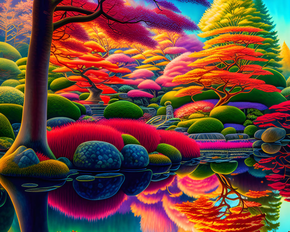 Whimsical forest illustration with colorful trees and calm lake
