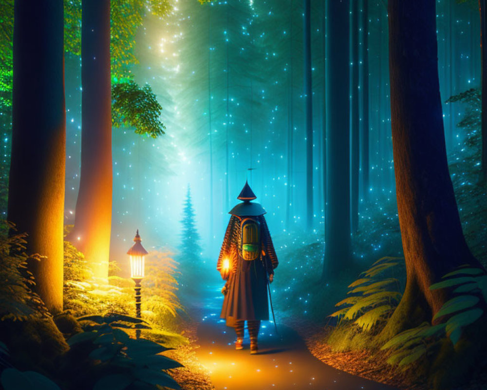 Mystical forest scene with cloaked figure and lantern