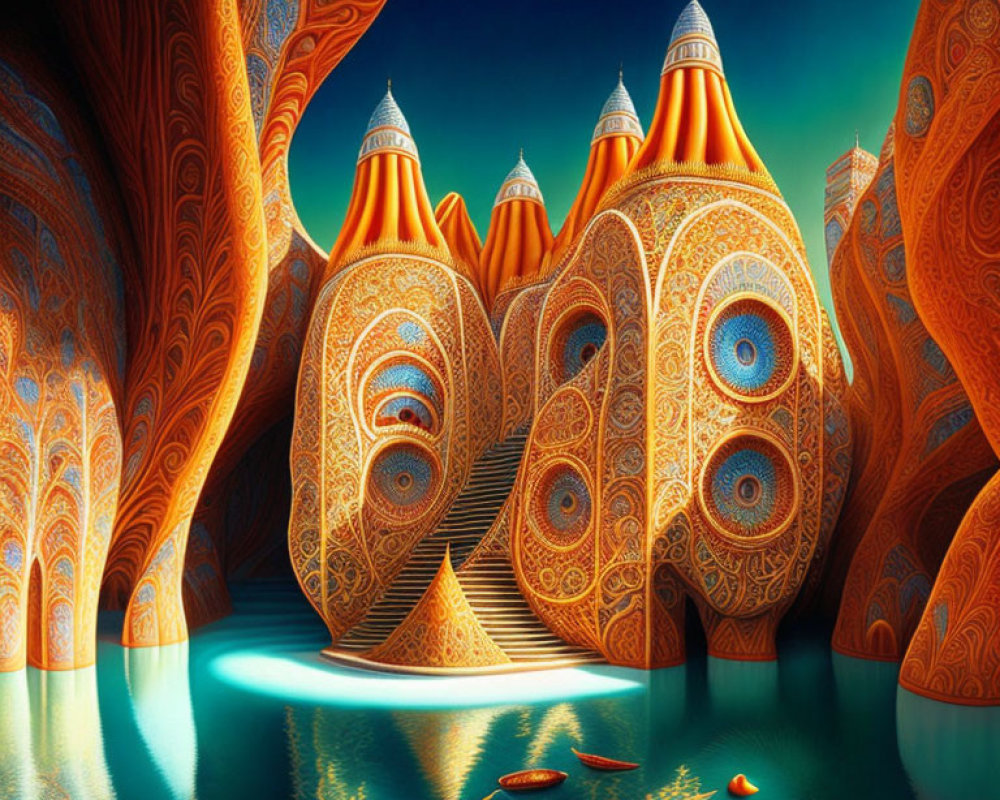 Surreal landscape with orange-patterned towers and tranquil blue water
