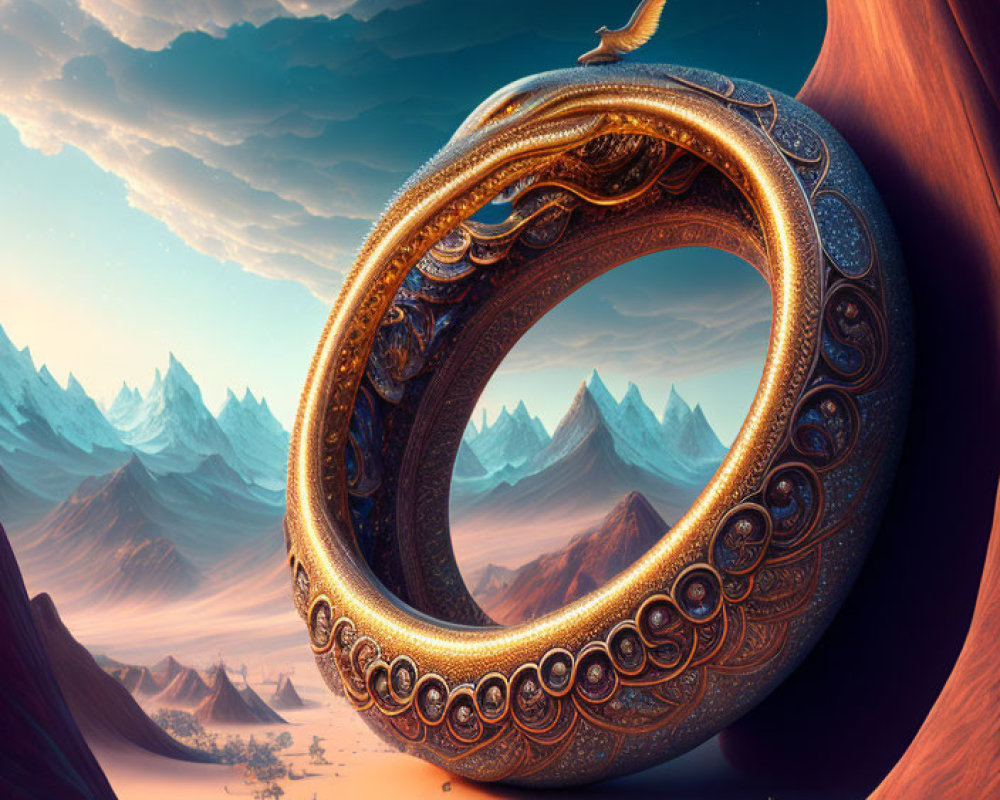 Surreal landscape with giant ring, foxes, crescent moon, mountains, orange sky