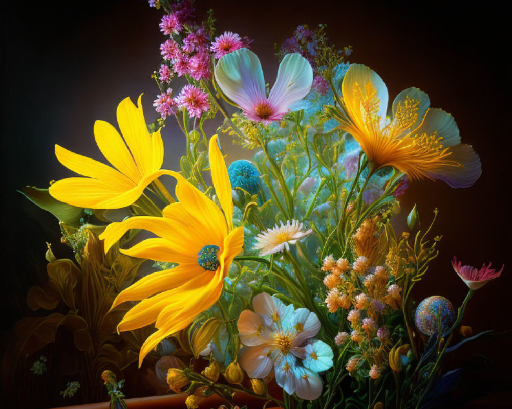 Colorful Bouquet of Yellow, White, and Pink Flowers on Dark Background