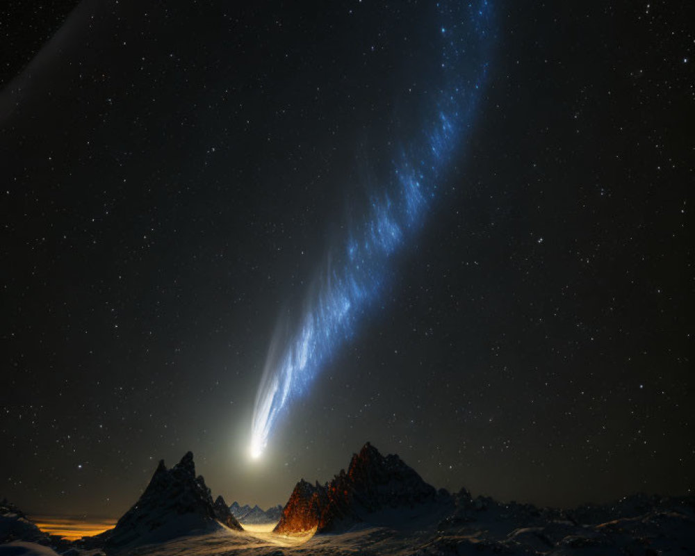 Comet illuminates snow-covered mountains in starry sky