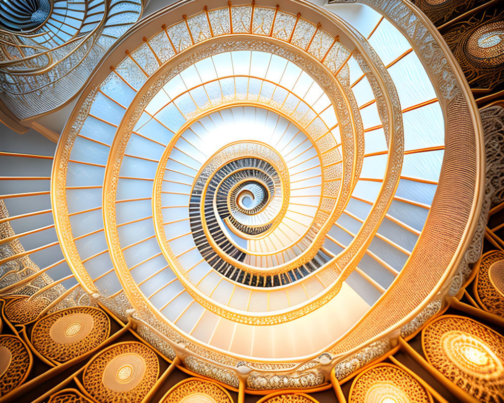 Intricate ironwork balustrades on illuminated spiral staircase