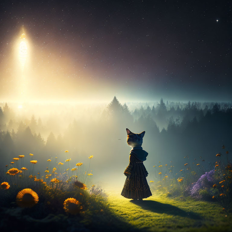 Cat in cloak gazes at glowing object over misty forest