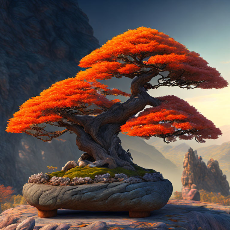 Vibrant orange bonsai tree in stone pot with mountain backdrop