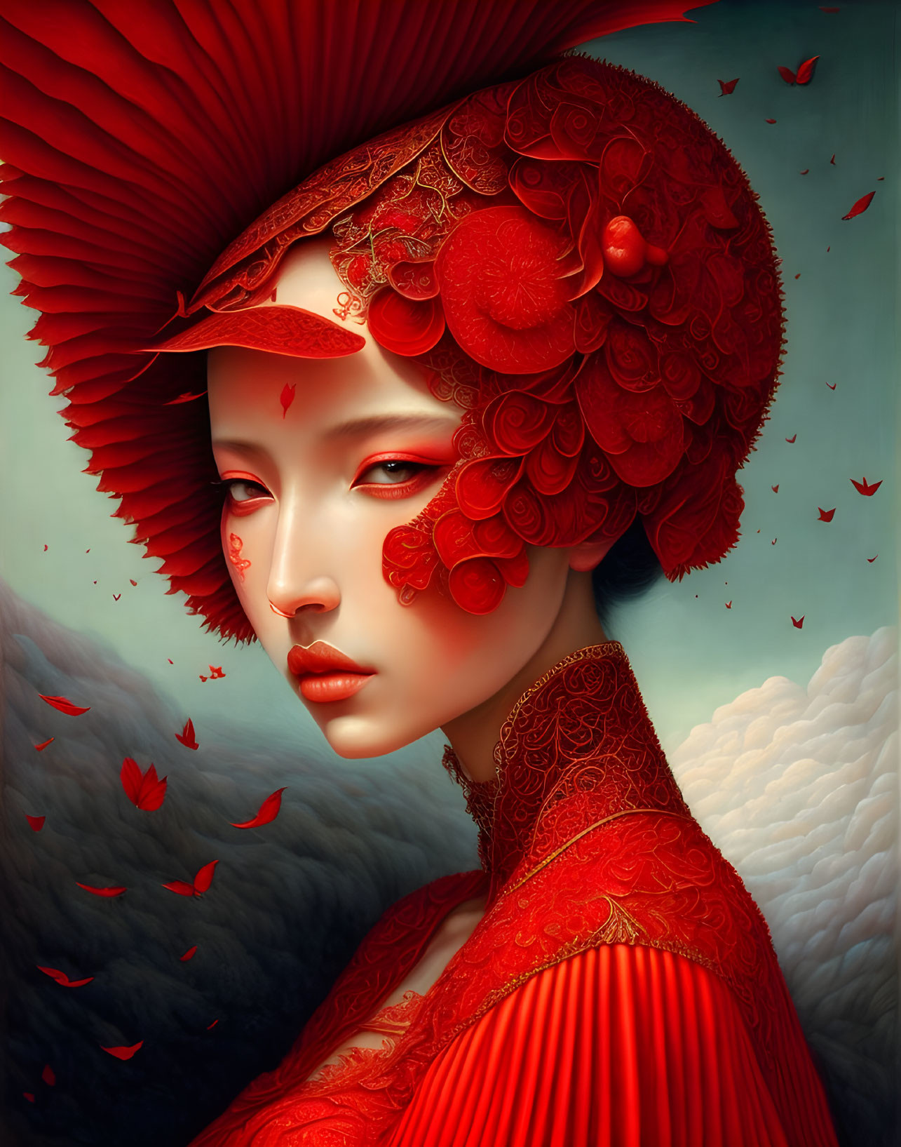 Portrait of Woman with Stylized Red Makeup and Ornate Headdress in Fantasy-Asian Fusion