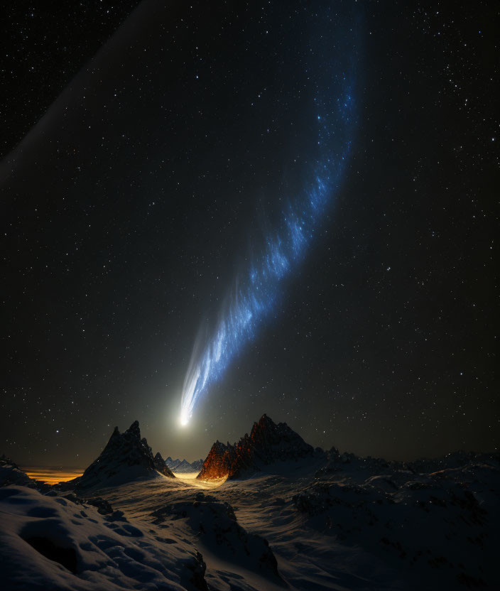 Comet illuminates snow-covered mountains in starry sky