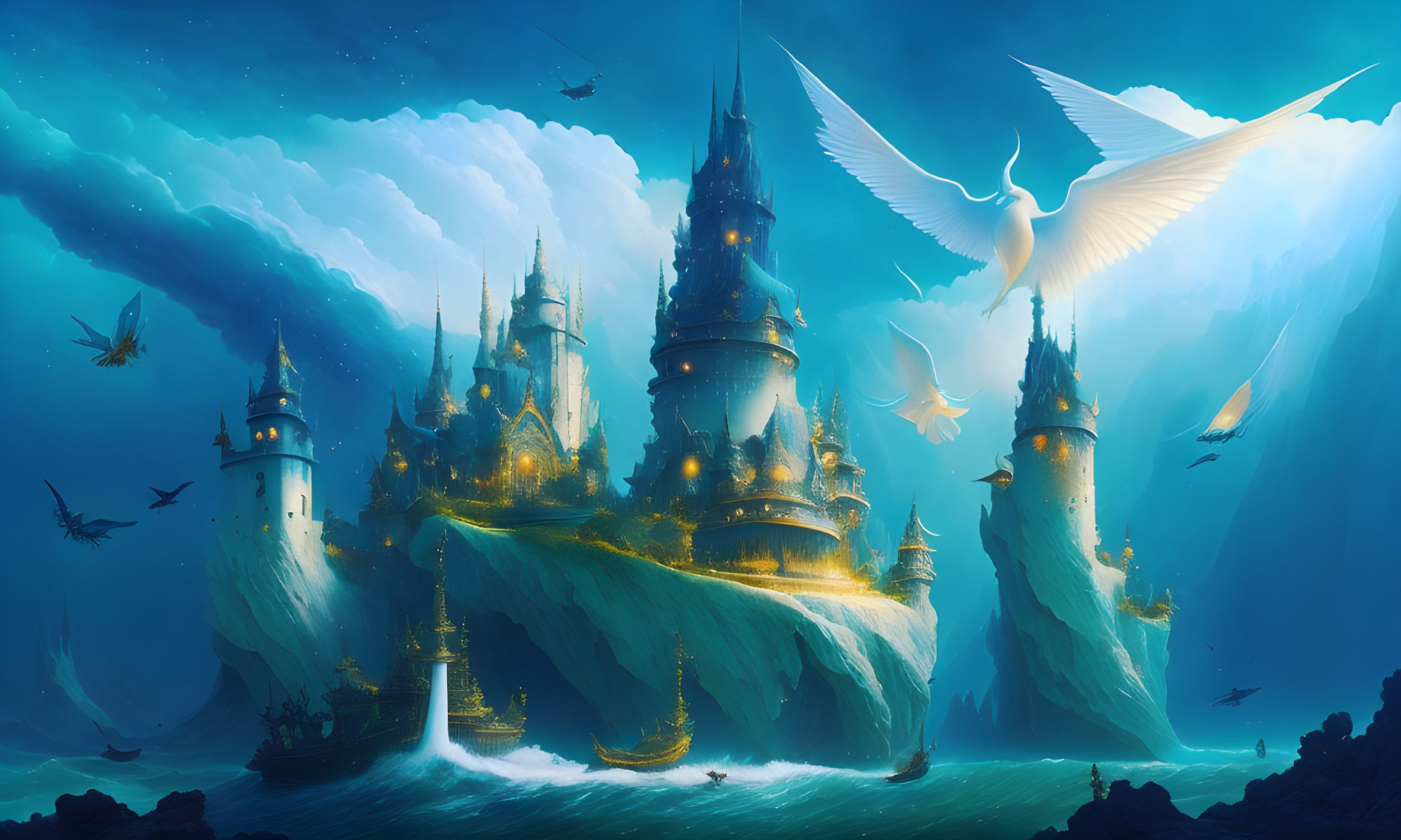 Fantastical castle on floating islands with waterfalls and flying ships