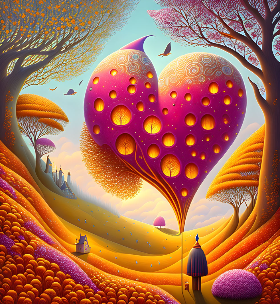 Whimsical landscape with heart-shaped balloons and autumn trees