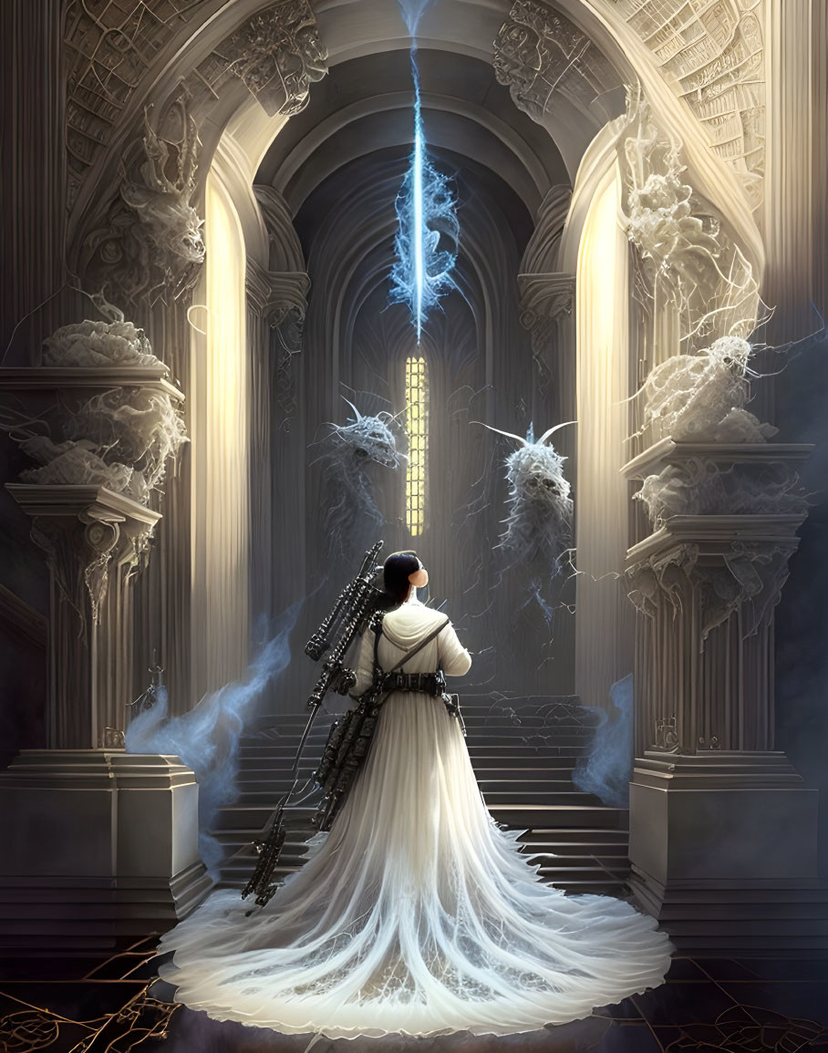 Ethereal figure in white in ornate cathedral with glowing entities