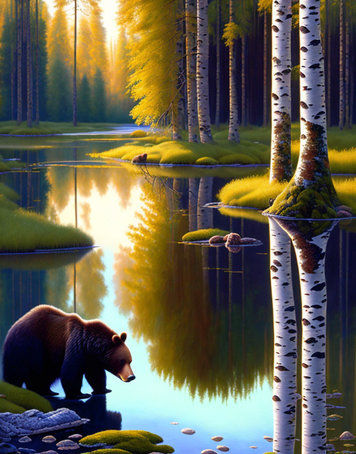 Tranquil forest landscape with bear, lake, birch trees, reflections, and sunlight