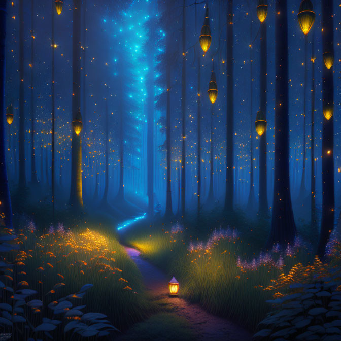 Nighttime forest scene with winding path, lanterns, and fireflies