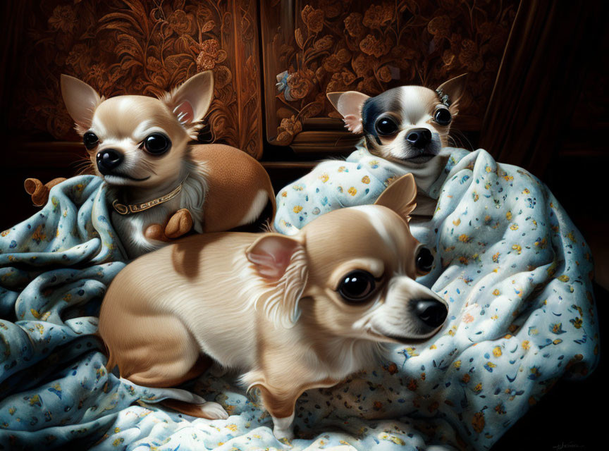 Three Chihuahuas snuggled in blue blanket with star patterns on wooden backdrop