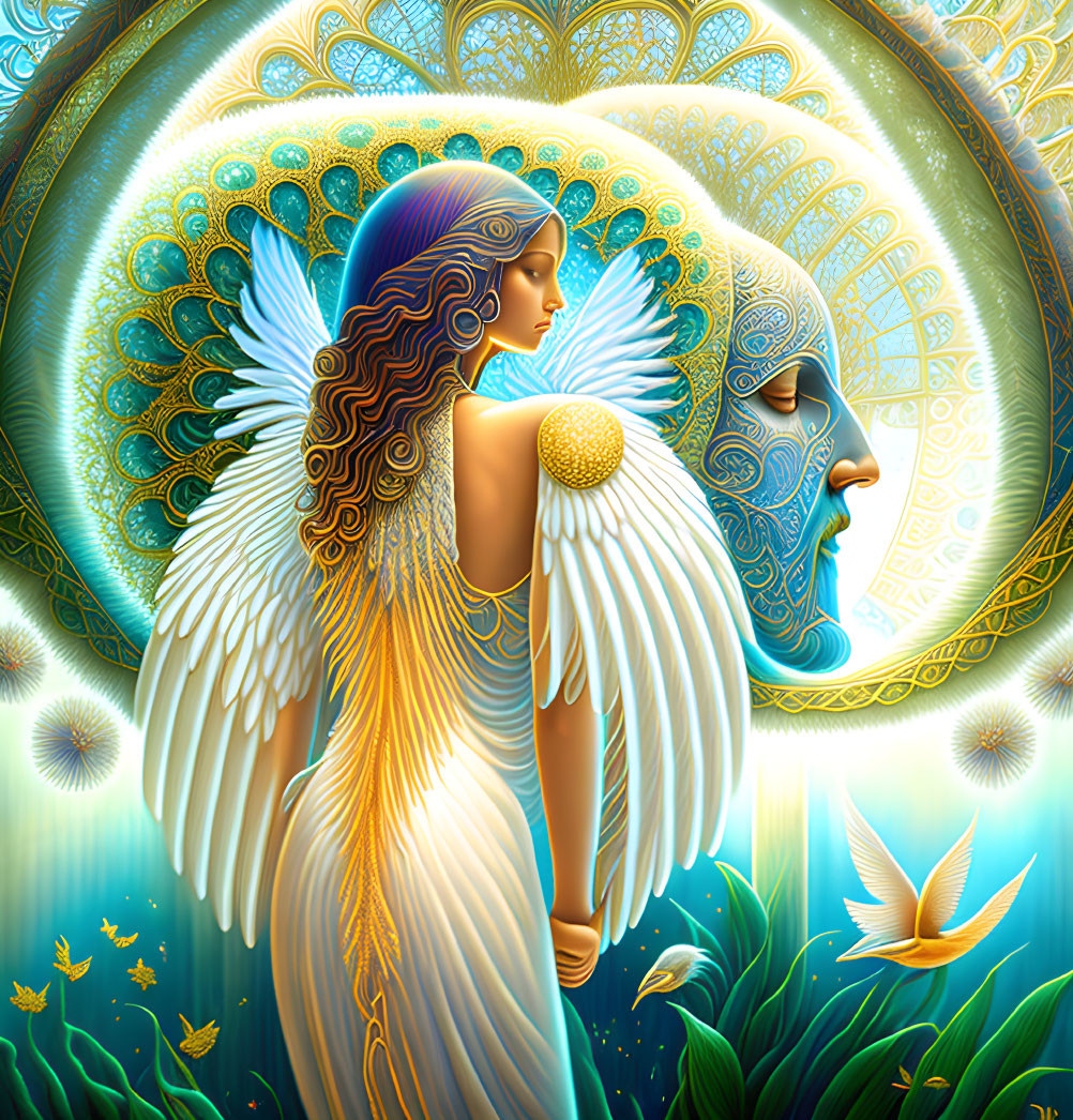 Colorful Winged Woman and Male Face Profile with Nature-Inspired Background