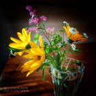 Colorful Bouquet of Yellow, White, and Pink Flowers on Dark Background