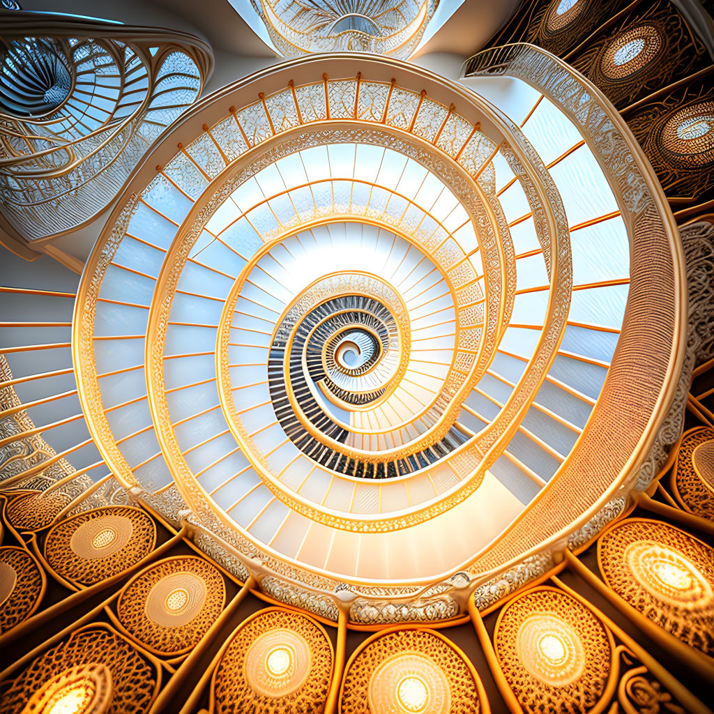 Intricate ironwork balustrades on illuminated spiral staircase