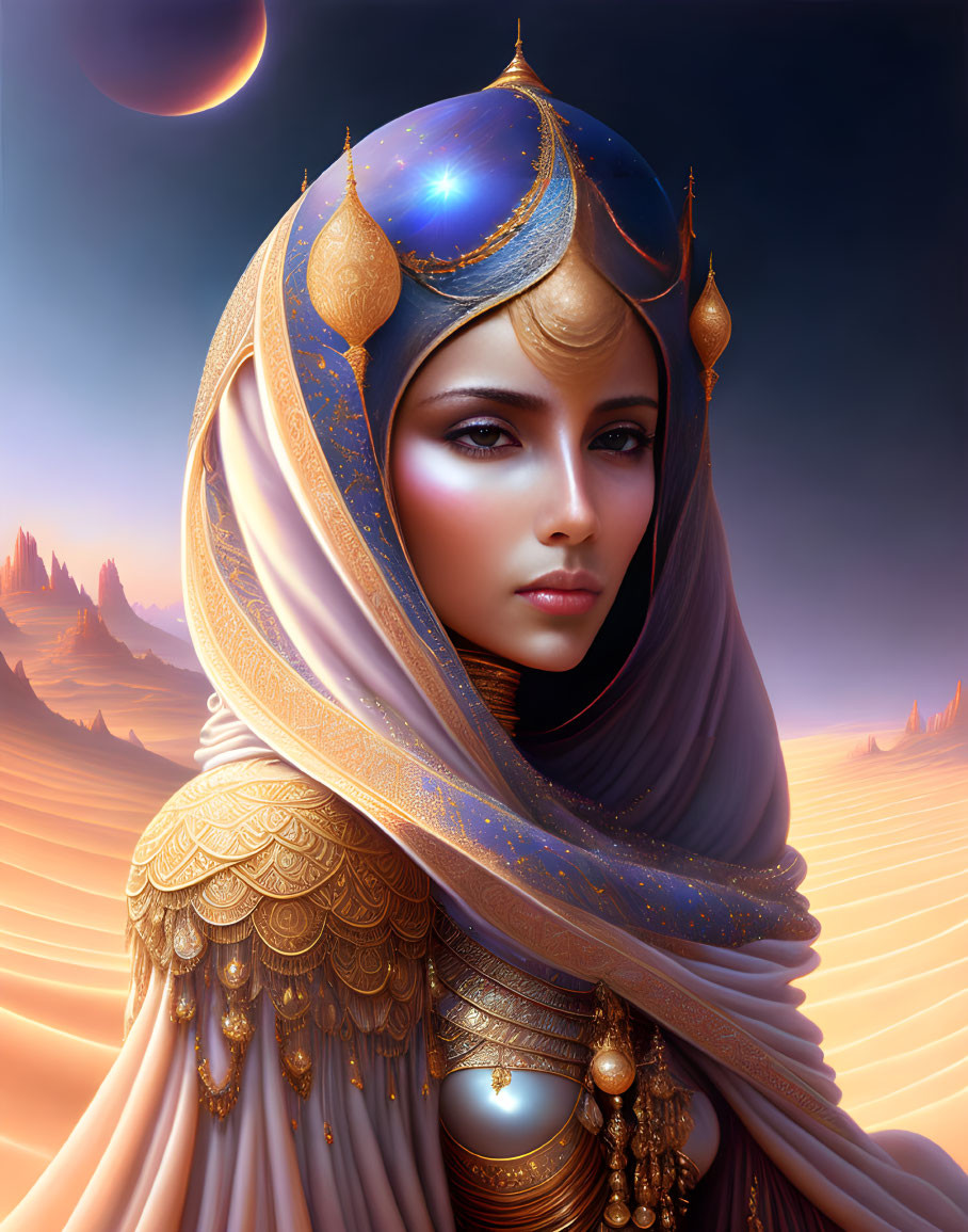 Digital artwork of woman in golden and blue headdress with desert backdrop