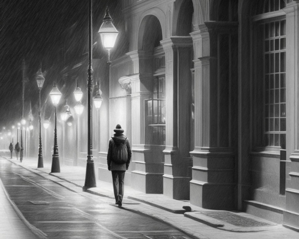 Lonely figure walking on rainy street under classic street lamps