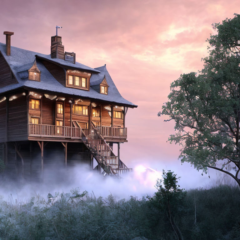 Spacious wooden house with balconies in misty twilight scenery