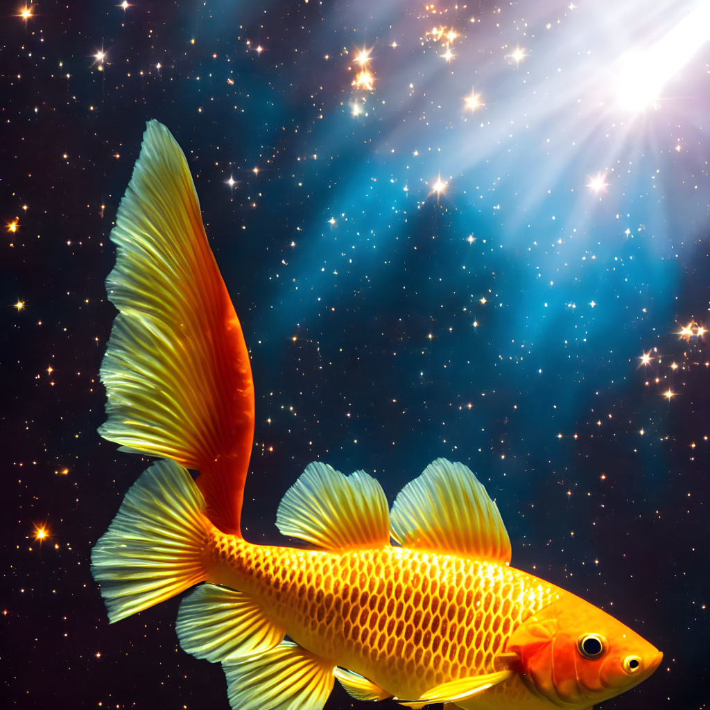 Vibrant Orange Goldfish Swimming in Starry Space