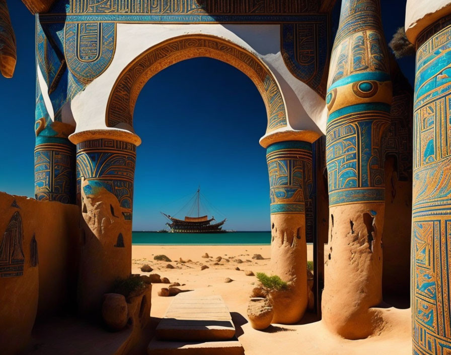 Ornate Archway with Hieroglyphs Frames Sailing Boat on Calm Sea