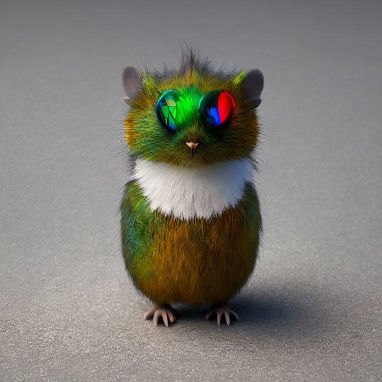 Colorful fluffy rodent with vibrant green and orange fur and multicolored eyes