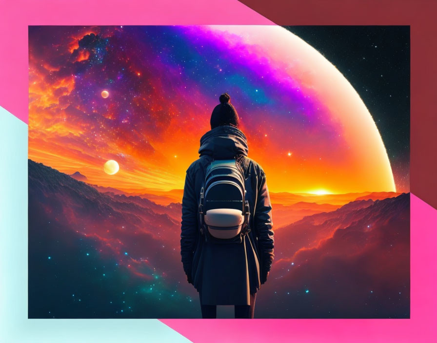 Person in winter hat and backpack in surreal cosmic landscape with planet, nebulae, and twin sun