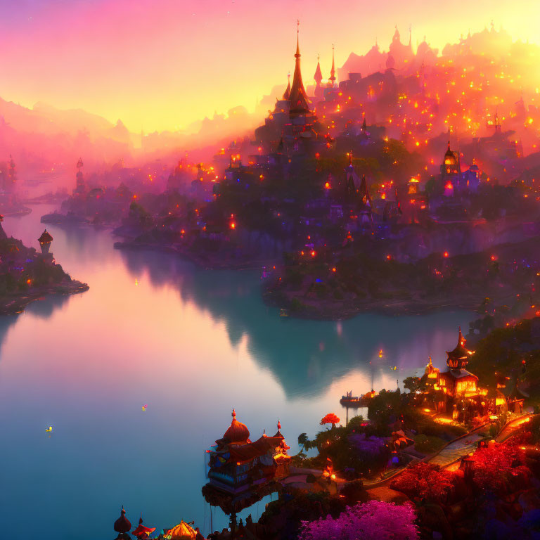 Fantasy cityscape at sunset with spired buildings, river, lights, and blossoming trees