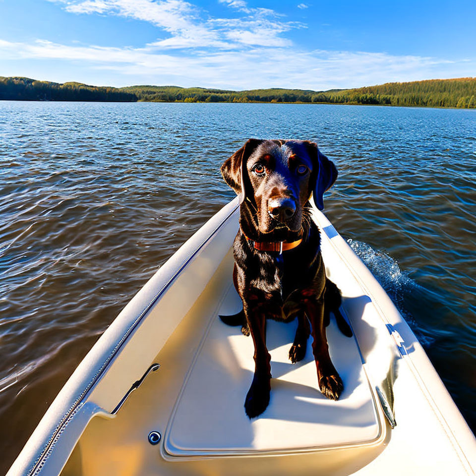 Black dog on boat bow with blue waters, forested shoreline, and sunny sky