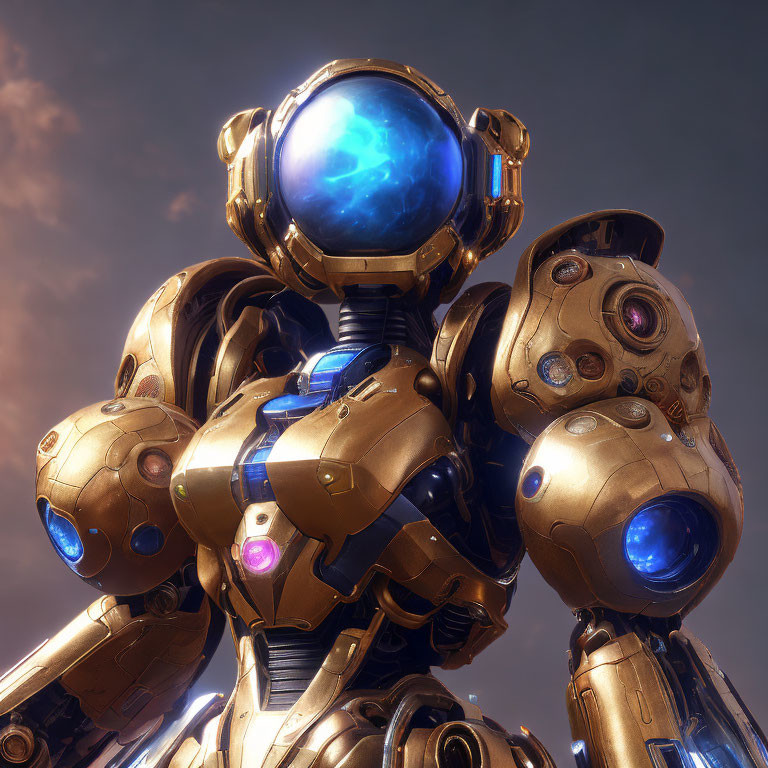 Futuristic robot with glowing blue sphere head and golden armored body in cloudy sky