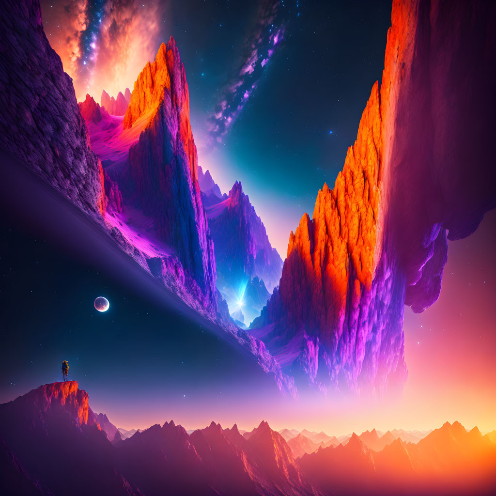 Vibrant Orange and Purple Landscape with Towering Cliffs