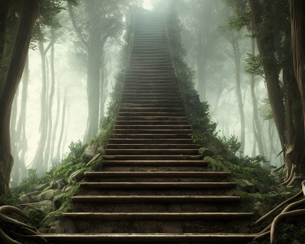 Mystical forest staircase in foggy canopy with thick tree trunks