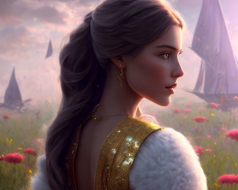 Digital artwork featuring woman with braided hair and golden accessories, surrounded by sail-like structures and flowers.