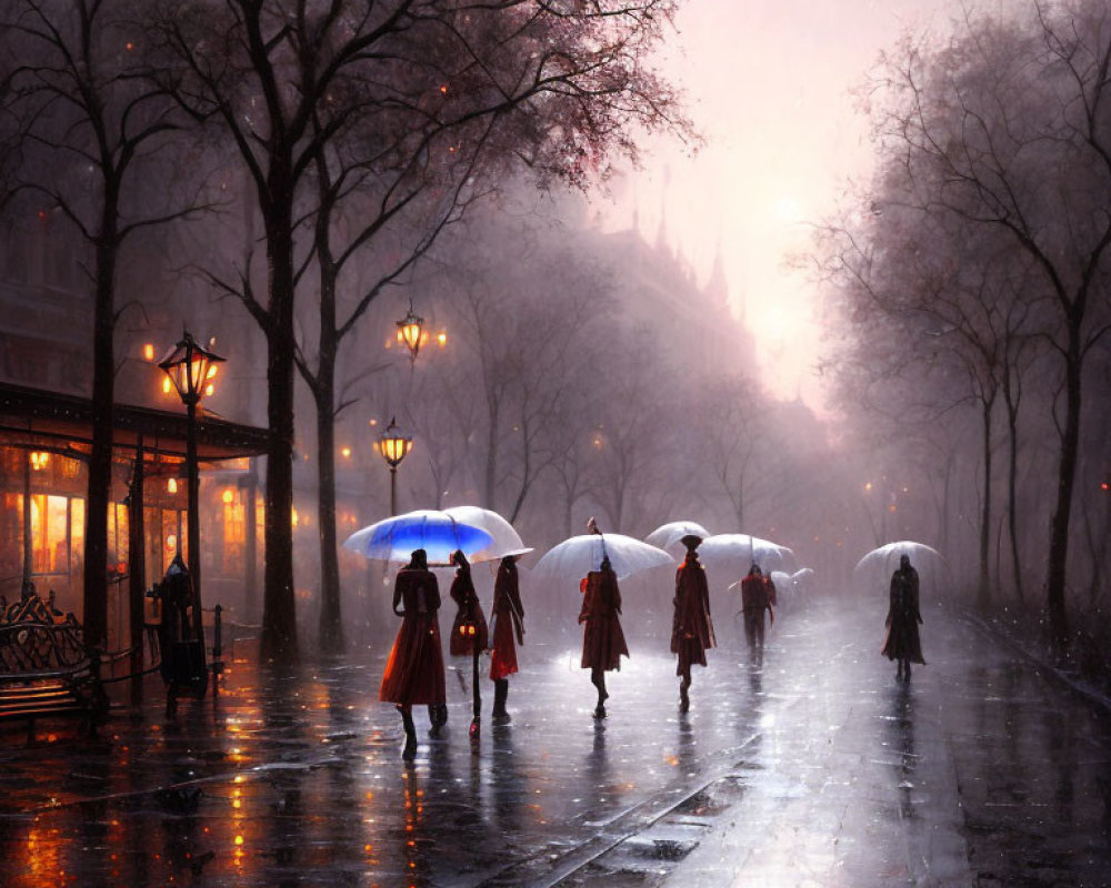 Pedestrians with umbrellas on rain-soaked street at dusk with warm-lit cafe & mist