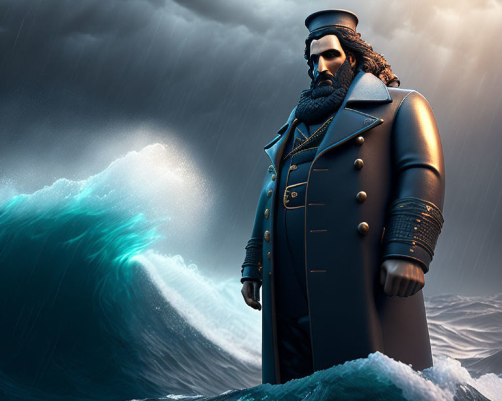 Bearded figure in naval coat against stormy ocean backdrop