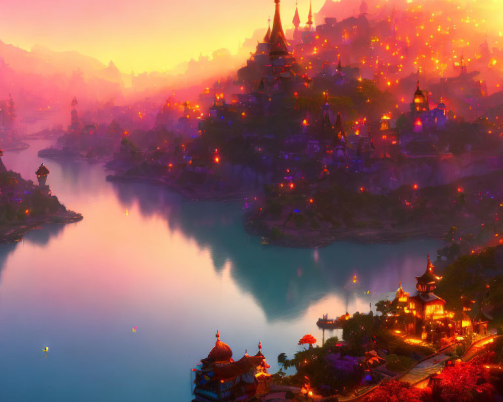 Fantasy cityscape at sunset with spired buildings, river, lights, and blossoming trees