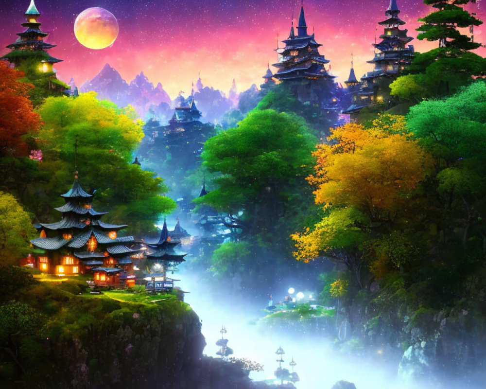 Fantasy landscape with illuminated buildings in starlit forest