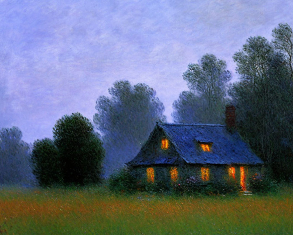 Twilight scene: Glowing cottage in misty field