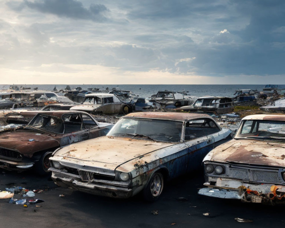 Abandoned Rusting Cars Under Dramatic Sky
