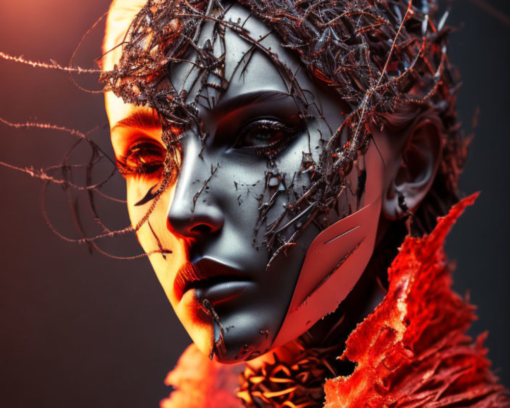 Fragmented metallic face and wire crown on humanoid figure in conceptual art piece