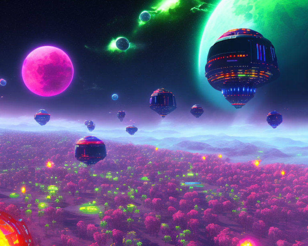 Colorful sci-fi landscape with floating cities and neon hues