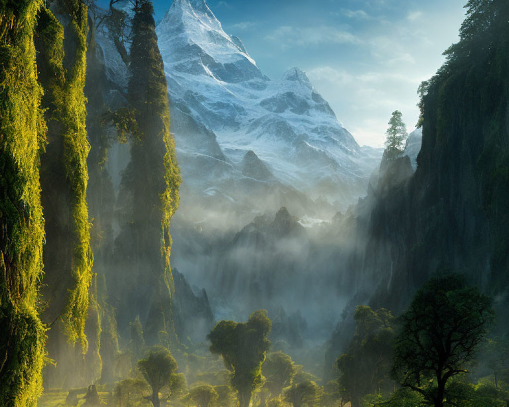 Mystical forest with hanging moss and snow-capped mountain scenery