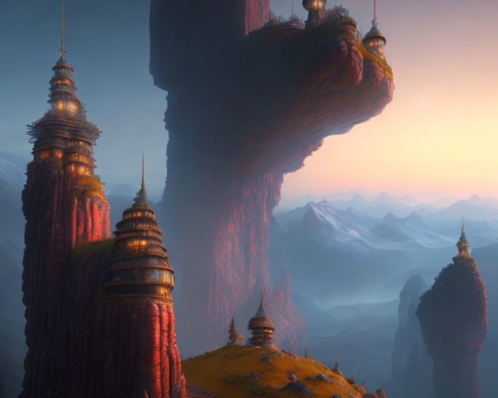 Majestic rock formations and intricate buildings under warm sunset