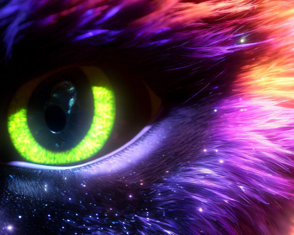 Colorful Close-Up of Green Eye Surrounded by Cosmic Textures