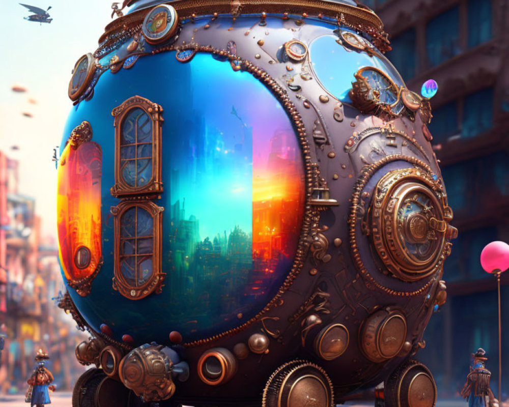 Steampunk capsule with cityscape reflections in urban scene