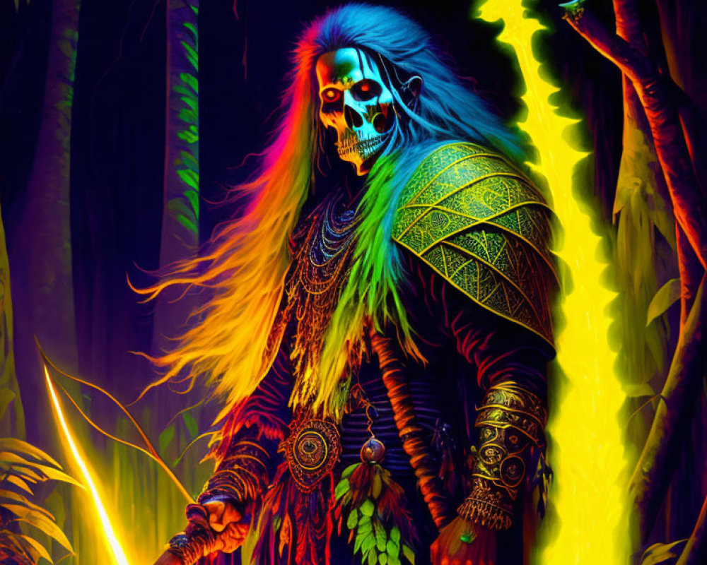 Colorful Skeleton Warrior in Neon-Lit Jungle Environment