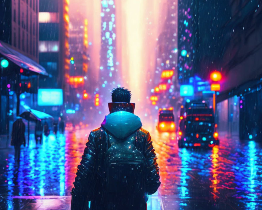 Person walking on city street at night with colorful lights and rain reflections