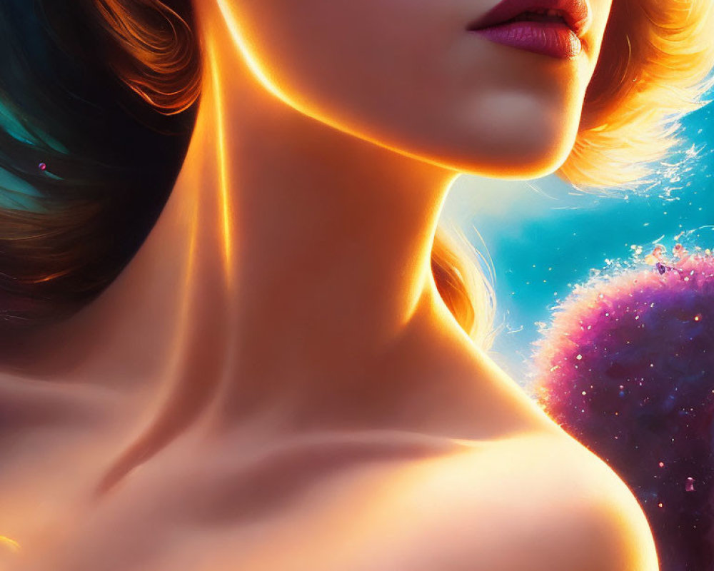 Colorful digital portrait of a woman with glowing outlines and cosmic background